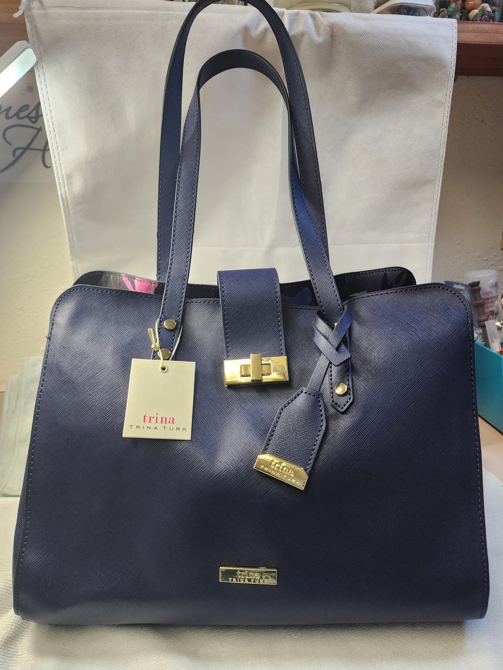 Trina Turk Navy Saffiano Tote Bag New With Tags